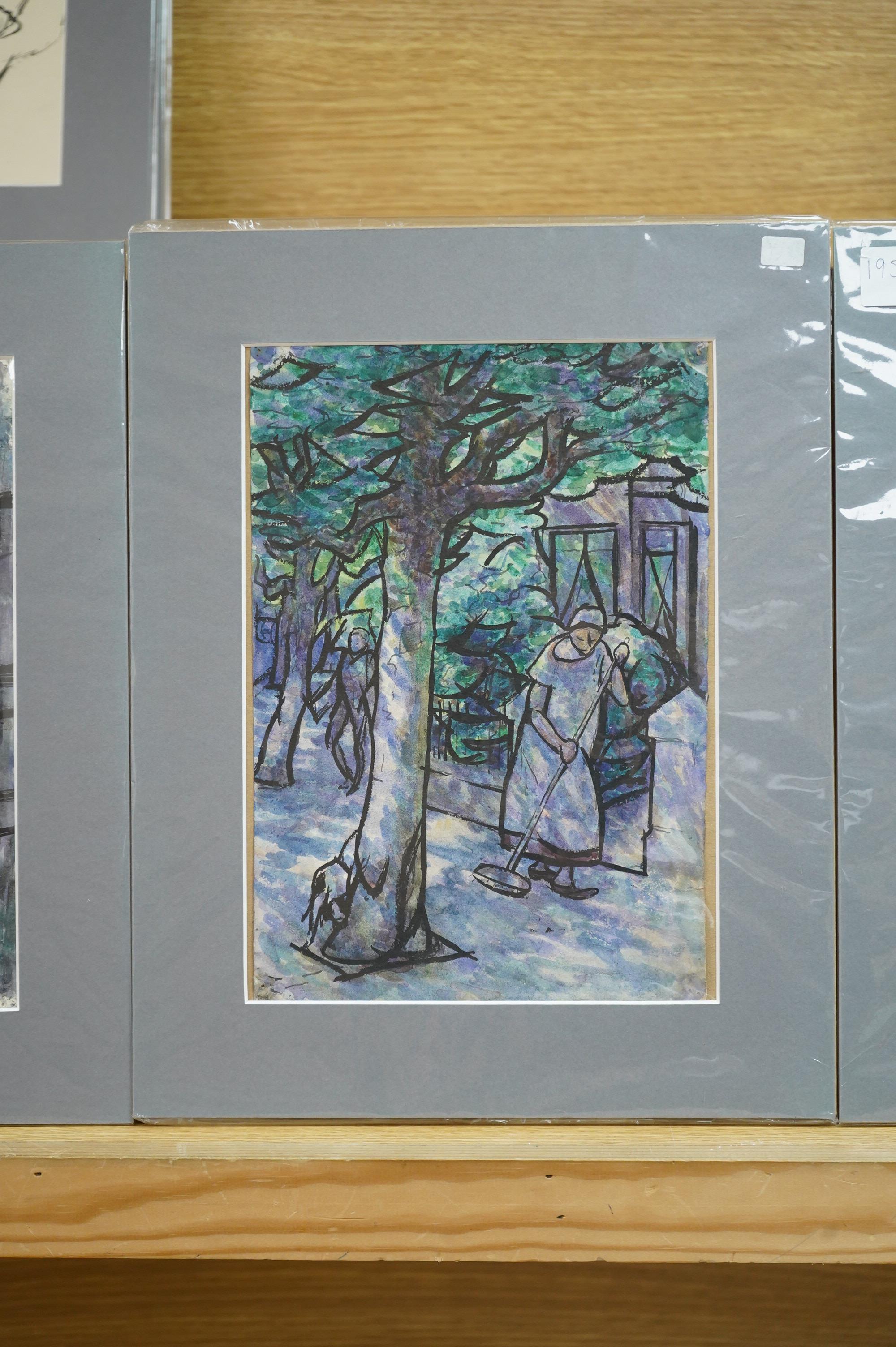 Harold Hope Read (1881-1959), ‘Figures in the rain’, ‘Brushing the leaves’ and ‘Outdoor Scene’, one signed, each with Bowden Fine Art labels verso, three ink and watercolours on paper, mounted, unframed, largest 28 x 19c